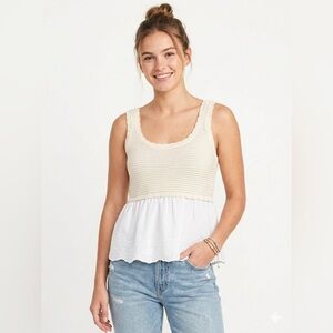Haute Hippie Knit Peplum Tank Top Cream & White Embroidered Hem Size S